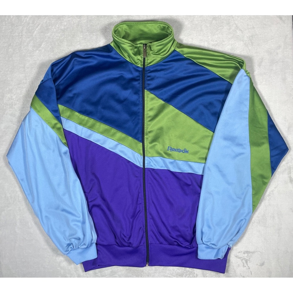 Vintage Reebok Warm Up Track Jacket Men XL Blue Green Purple Full Zip Colorblock